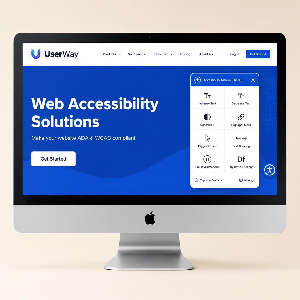 Desktop computer displaying the UserWay accessibility website homepage
